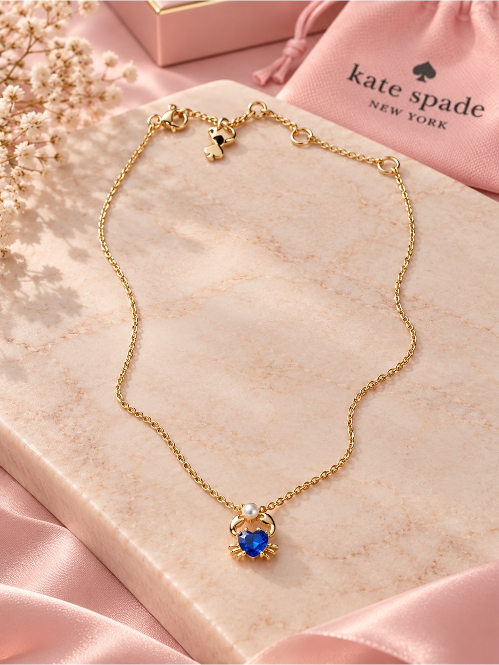 kate spade Gold Necklace with Blue Heart crab and Pearl Accent